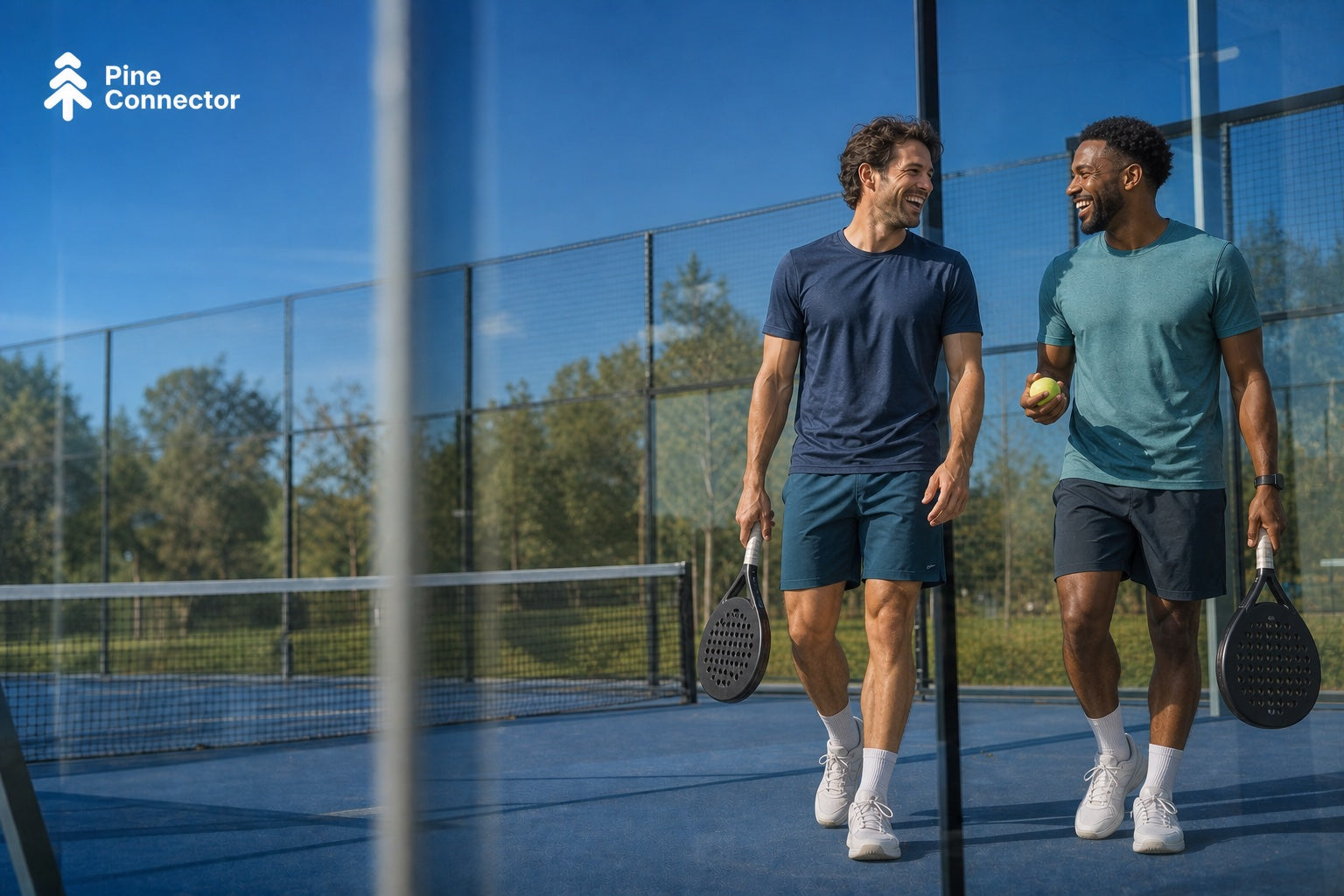 Two people walking off a padel court with rackets