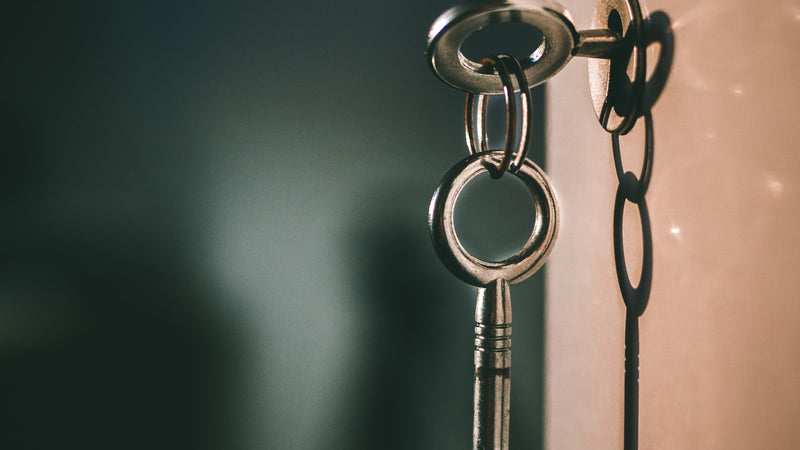 Metal key in a keyhole casting a shadow on the wall. Photo by Amol Tyagi on Unsplash.