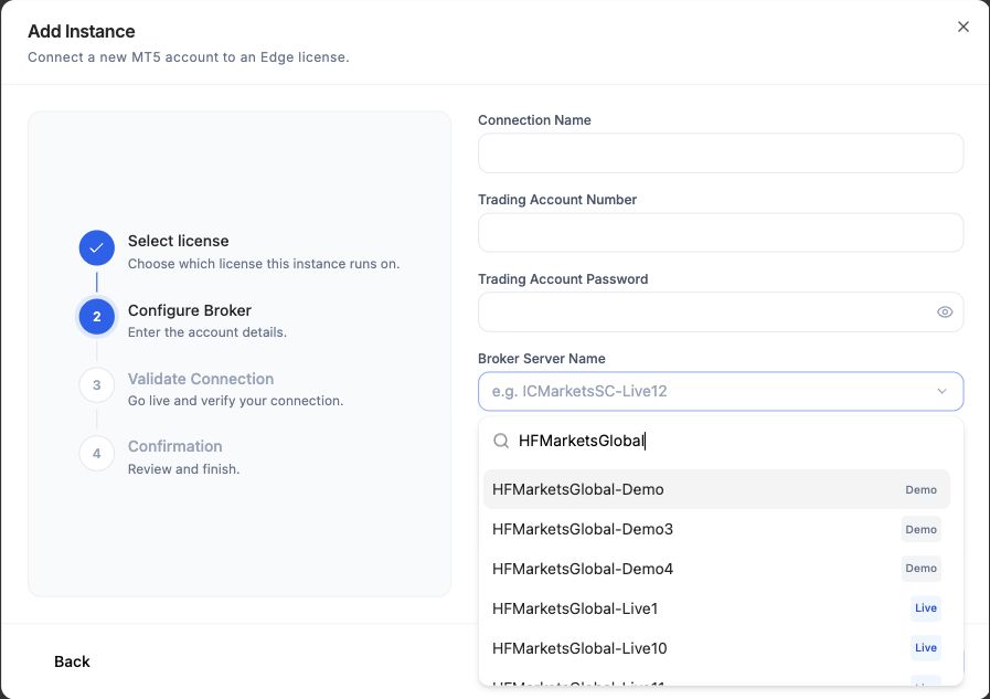 Live Add Instance dialog at Configure Broker with blank account fields and HFMarketsGlobal demo and live server search results