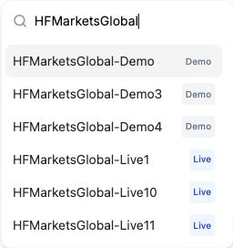 Close view of the real HFMarketsGlobal search results, with separate Demo and Live server choices